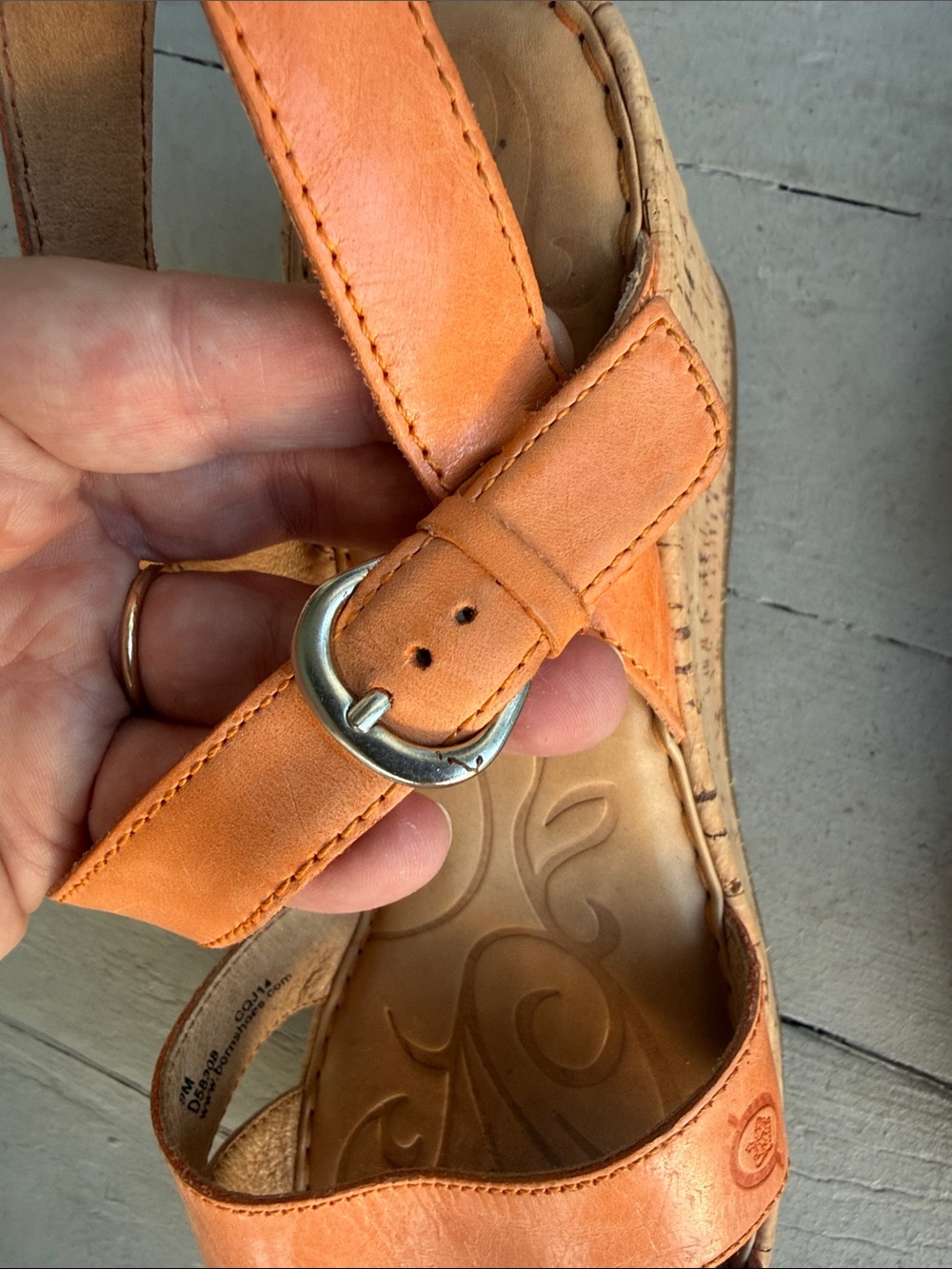 100% Leather Upper EUC Born Orange Leather Cork Wedge Sandals - Picture 6 of 6